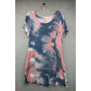 Umgee USA Tie Dyed Dress-Metallic Stripes-Frayed Hemline-Size Medium